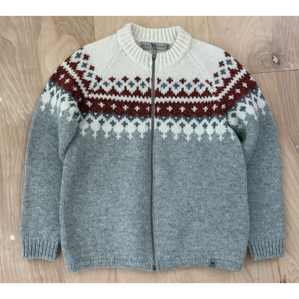 Woolhouse Hand Knit Merino Wool Zip Cardigan Sweater Fair Isle Nordic Womens S